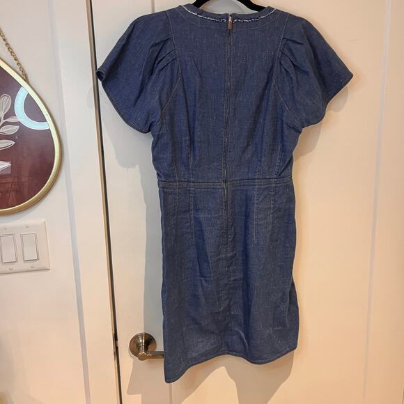 Derek Lam 10 Crosby Denim Cotton and Linen Faux Wrap Shift Dress Sz 4 - Picture 5 of 12